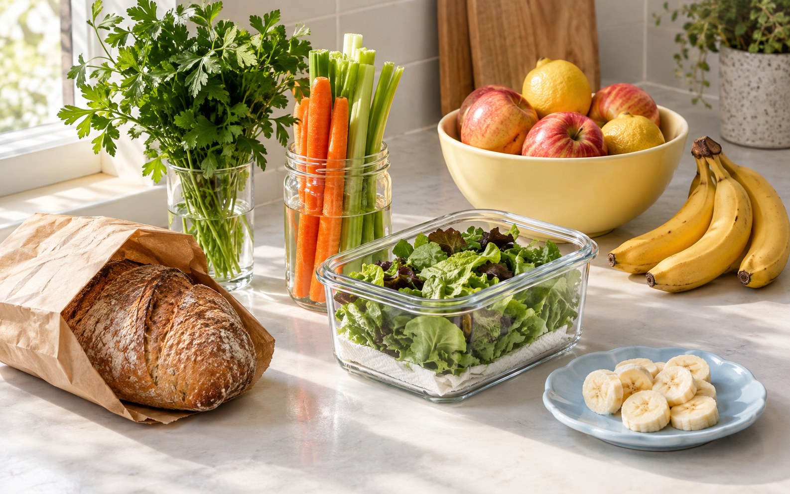 Pane nel sacchetto di carta, insalata in un contenitore di vetro, carote, prezzemolo e frutta fresca sulla cucina