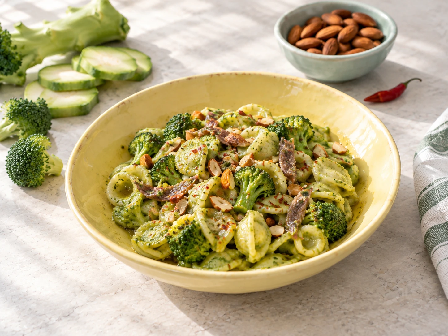 Pasta con crema di broccolo, cimette e mandorle tostate