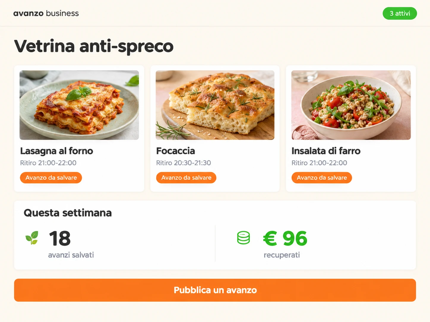 Schermata del modulo Vetrina anti-spreco di avanzo business