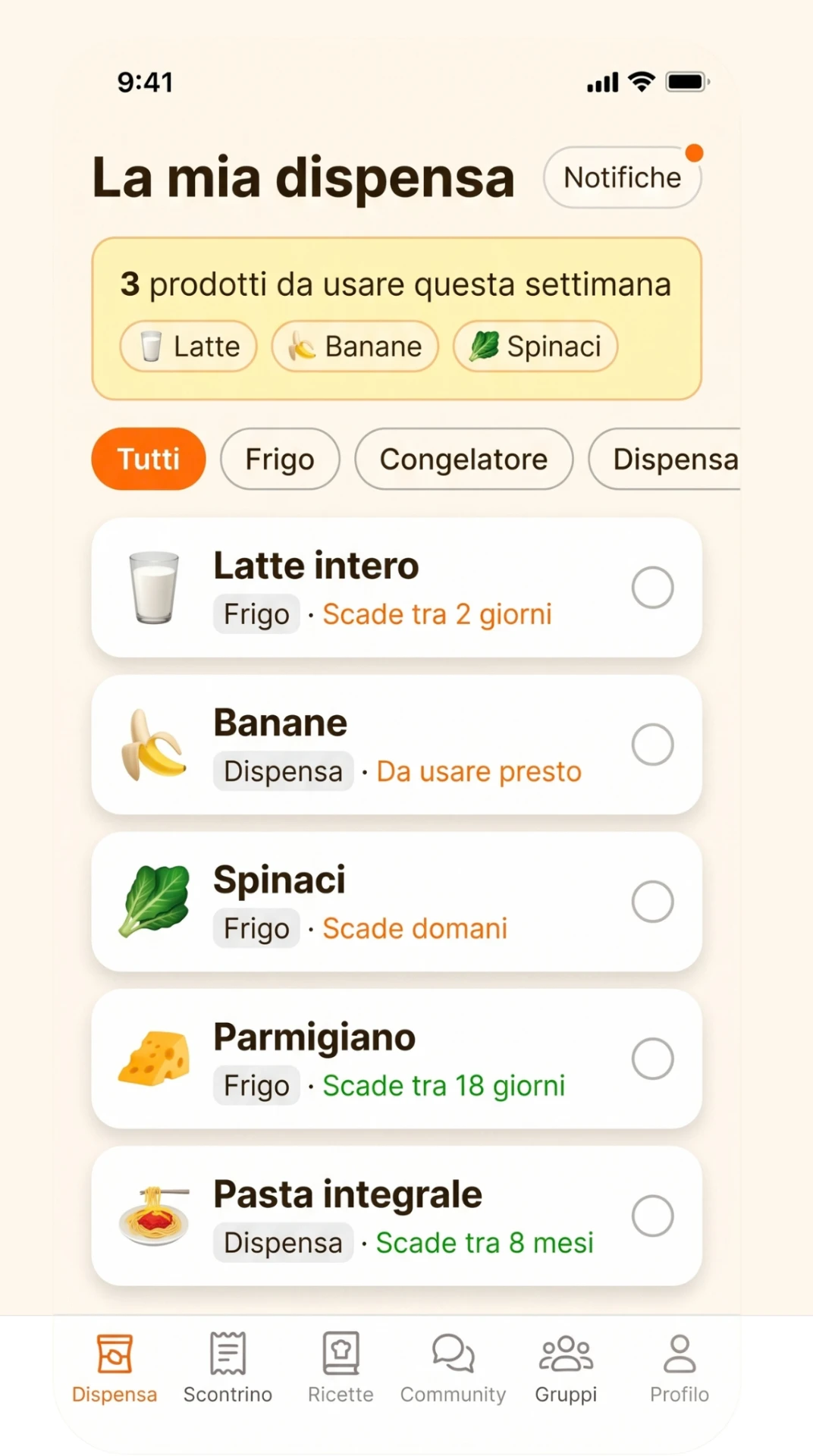 Schermata di avanzo con la dispensa e i prodotti da usare presto