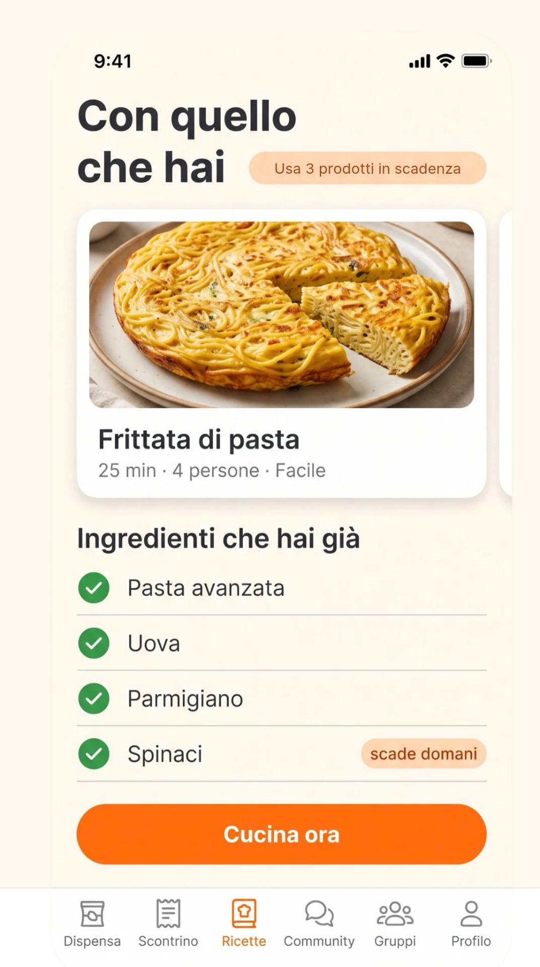 Schermata di avanzo con una ricetta suggerita dagli ingredienti disponibili